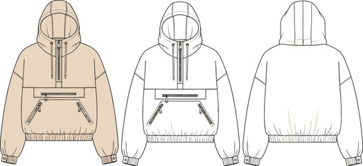 Technical fashion flat sketch of oversized hooded anorak jacket with quarter zip, front utility pockets, elastic hem, and dropped shoulders. © its