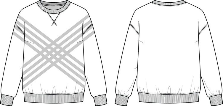 Technical fashion flat sketch of an oversized sweatshirt with ribbed trims and a geometric crisscross striped pattern for apparel design
