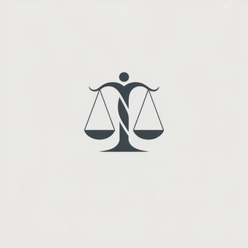 Justice scales logo with human figure balancing two pans in elegant minimalist style on light background for law firm branding legal services courtroom advocacy and equality concept icon