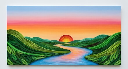 Colorful Abstract Landscape with River and Sunset in Vibrant Shades