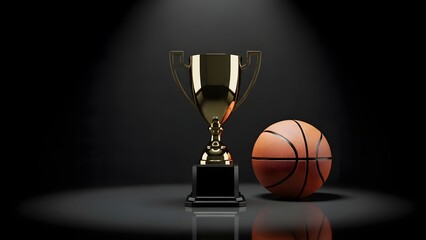Basketball: Golden Trophy and Ball on Dark Reflective Surface