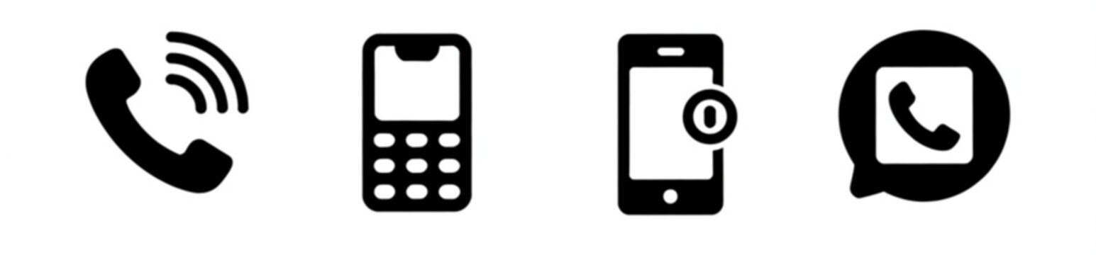 Minimal black icon row featuring phone call signal keypad smartphone and messaging app symbol on white background for mobile ui toolbar contact menu social media header and tech infographic elements