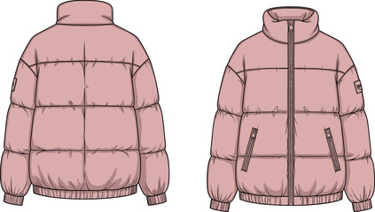 Technical Fashion Illustration of a Women’s Pink Puffer Jacket Front and Back View Mockup Flat Sketch for Apparel Design and Tech Pack © its
