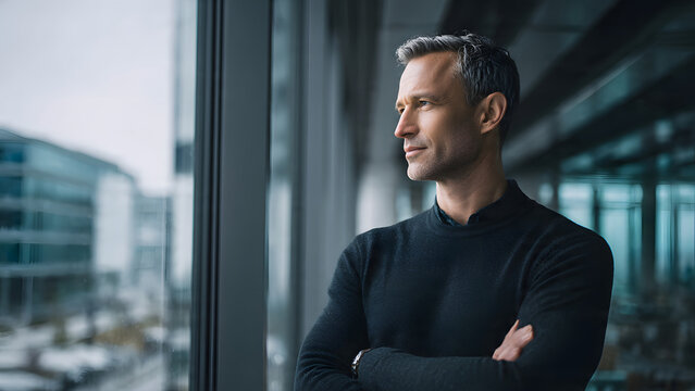 Thoughtful businessman looking out of office window