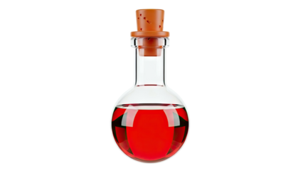 Glass flask with red liquid and cork stopper