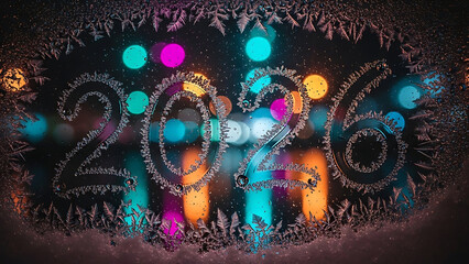 frosty 2026 new year numbers on a window with blurred colorful bokeh lights creating a festive winter atmosphere for future planning and holiday greetings.