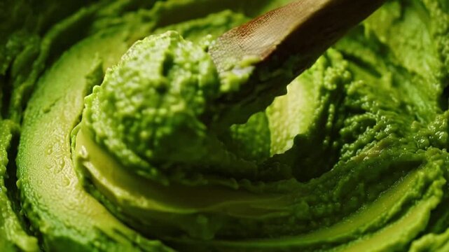 Guacamole Preparation with Wooden Spoon Closeup.