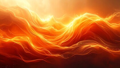 Luminous, flowing fiery waves of energy dominate an ethereal orange and gold landscape
