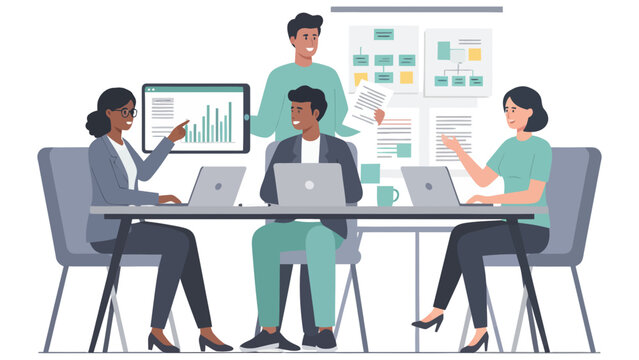 Teamwork Office Vector Illustration with Business People Collaboration. Modern teamwork office vector illustration showing a group of business people collaborating in a professional workplace.