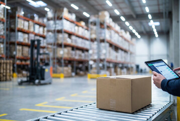 Warehouse worker uses tablet to scan package on conveyor belt with forklift in background