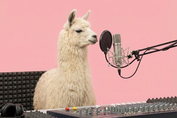 Fototapeta premium A llama records audio in a studio with a professional microphone and soundboard