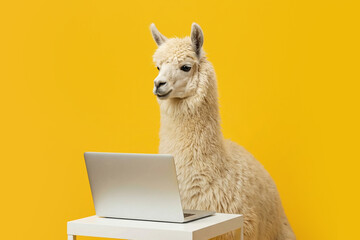 Obraz premium A fluffy alpaca uses a laptop on a white table against a vibrant yellow background