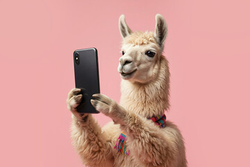 Obraz premium A llama taking a selfie with a smartphone and wearing a colorful scarf a pink background