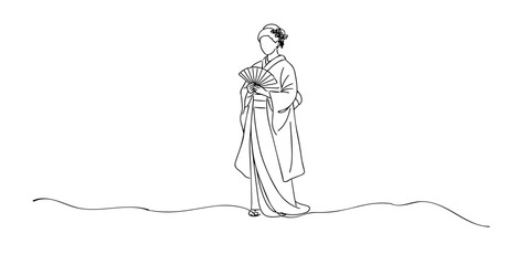 Hand drawn continuous line illustration of a Japanese woman wearing a kimono and holding a folding fan.Single line artwork created for traditional culture, elegance, and Japanese heritage concepts.