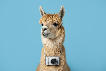 Obraz premium Llama wearing a camera around its neck against a blue background
