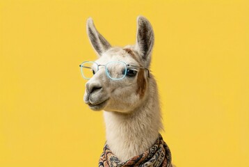 Obraz premium A llama wearing glasses and a scarf posing against a yellow background