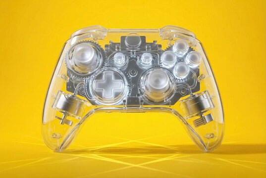 Transparent game controller with visible internal gears and motors on yellow background