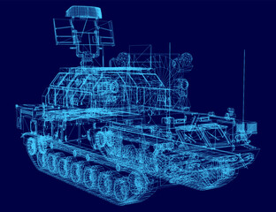 A 3D blueprint model of a tracked military anti-aircraft missile system, isolated on a solid blue background for clear presentation.