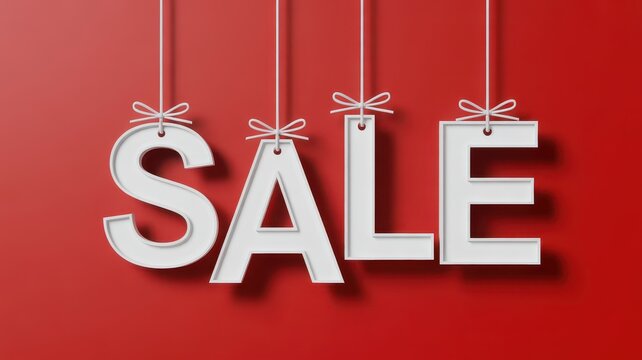 White letters spelling SALE hanging on red background with bows