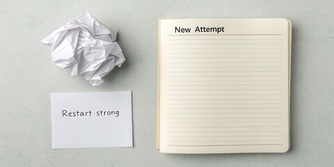 Blank notebook, crumpled paper ball, and motivational note for new beginnings, restart, and fresh start concept