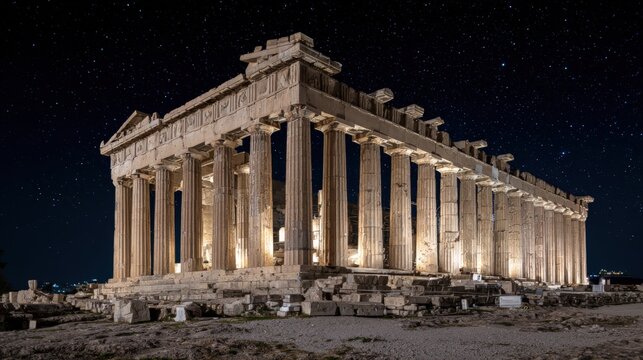 Parthenon temple illuminated at night