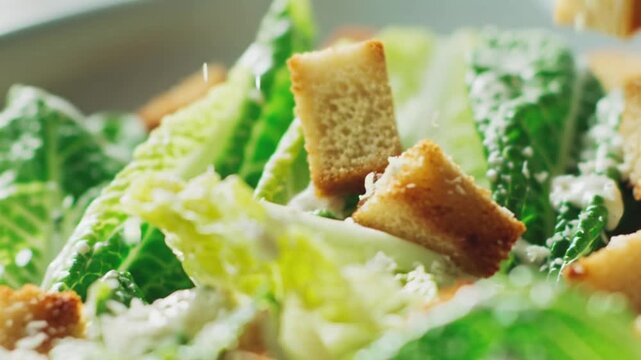 Fresh Caesar Salad with Croutons Closeup.