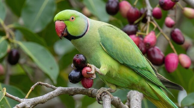 Vibrant Rose-ringed Parakeet Holding a Bunch of Java Plums (Jamun Fruit) on a Tree Branch - Exotic Indian Green Parrot in Nature, Wildlife Photography, Tropical Bird and Fruit Background.