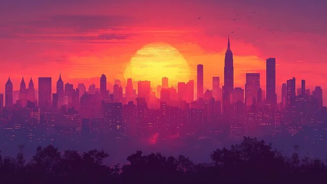 Vibrant Sunset Over a Modern City Skyline Illustration.