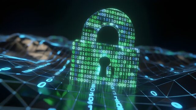 A close-up shot of a digital padlock with green and blue code on a dark background, representing deep web and hack concepts with a sense of cybersecurity and data protection.
