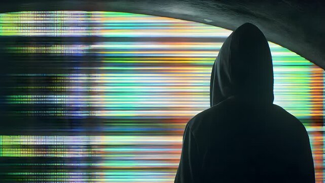A hooded figure stands in a dark space with a distorted, glitchy screen display behind, conveying a sense of mystery and technology-related crime in a deep web hacking context.