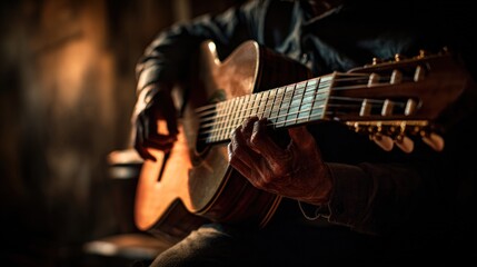 Obraz premium Guitarist playing acoustic instrument closeup