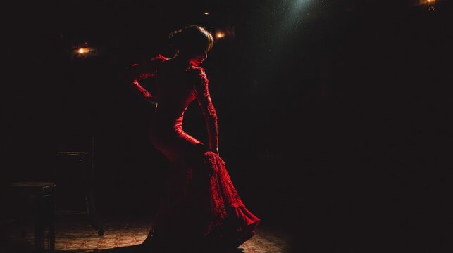 Flamenco dancer performing in dark stage