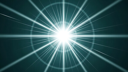 Bright light burst with white rays on dark teal background, lens flare effect