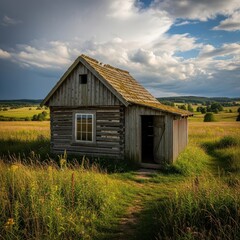 Obraz premium Abandoned Wooden House in Field.
