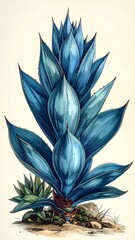 Blue agave plant illustration with detailed foliage on a beige background, botanical style
