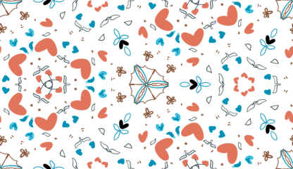 Vibrant pattern with coral hearts, blue flowers, and black accents in a playful kaleidoscope layout