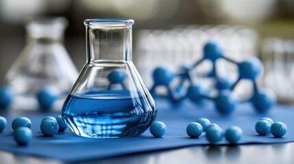 Laboratory glassware with a blue liquid