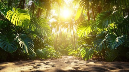 Lush jungle path bathed in sunlight