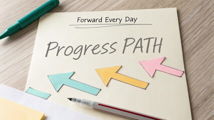 Inspirational Note with Progress Path and Arrows for Daily Motivation and Growth on Wooden Background