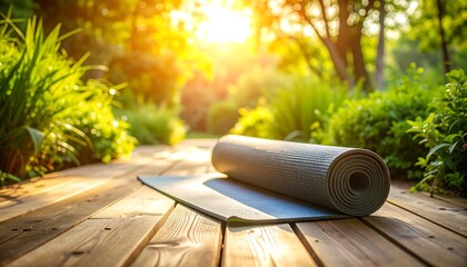 A rolled-up exercise mat rests on a wooden deck surrounded by vibrant green foliage and the soft glow of sunlight