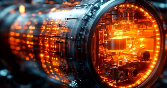 Futuristic engine with glowing elements in a tech setting