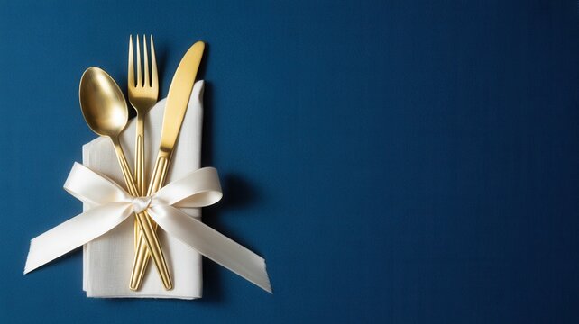 Golden cutlery set with a napkin and ribbon on a dark blue background.