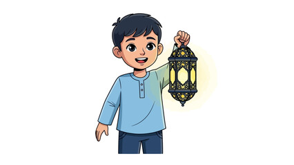 Smiling boy holding traditional lantern with glowing light © Nandar