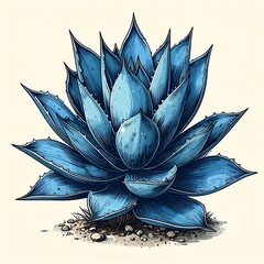 Blue agave-style plant with spiky leaves, sitting on a bed of gravel and sand against a light beige background