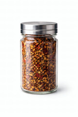 Glass jar filled with red chili flakes and metal lid red pepper flakes crushed chili