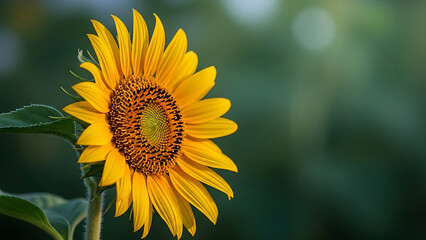 Obraz premium sunflower close up vibrant yellow petals and green stalk in a sunlit outdoor garden ideal for summer nature and organic growth concepts.