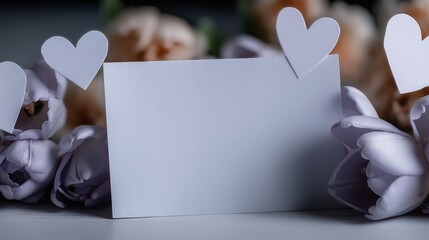 Blank Greeting Card Mockup with Purple Tulips and Hearts