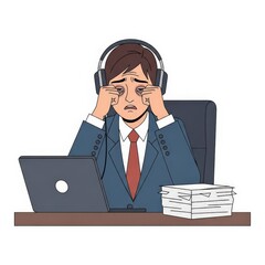 Stressed Businessman Listening to Music at Desk.