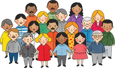 A colorful cartoon illustration featuring a large, diverse group of people of various ages and ethnicities standing together in unity.