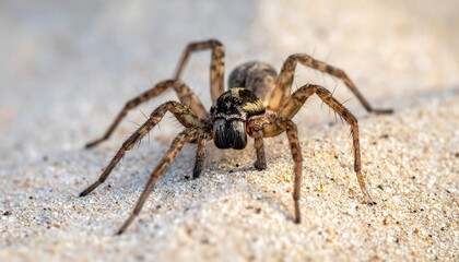 Macro shot of a spider, showcasing its hairy legs and detailed body against a textured, light-colored background